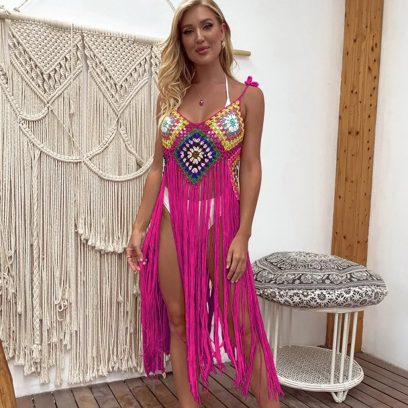 Internet Summer Sexy Beach Hollow Out Cutout Hook Floral Stitching Tassel Sling Dress
