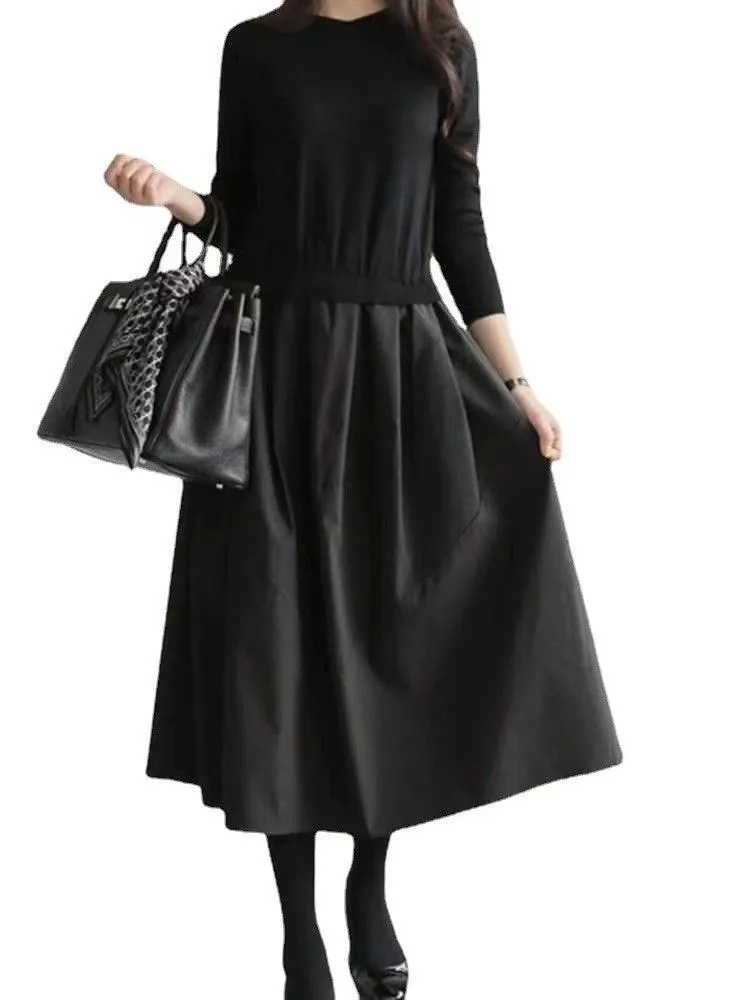 Knitting Split-joint Black Dress