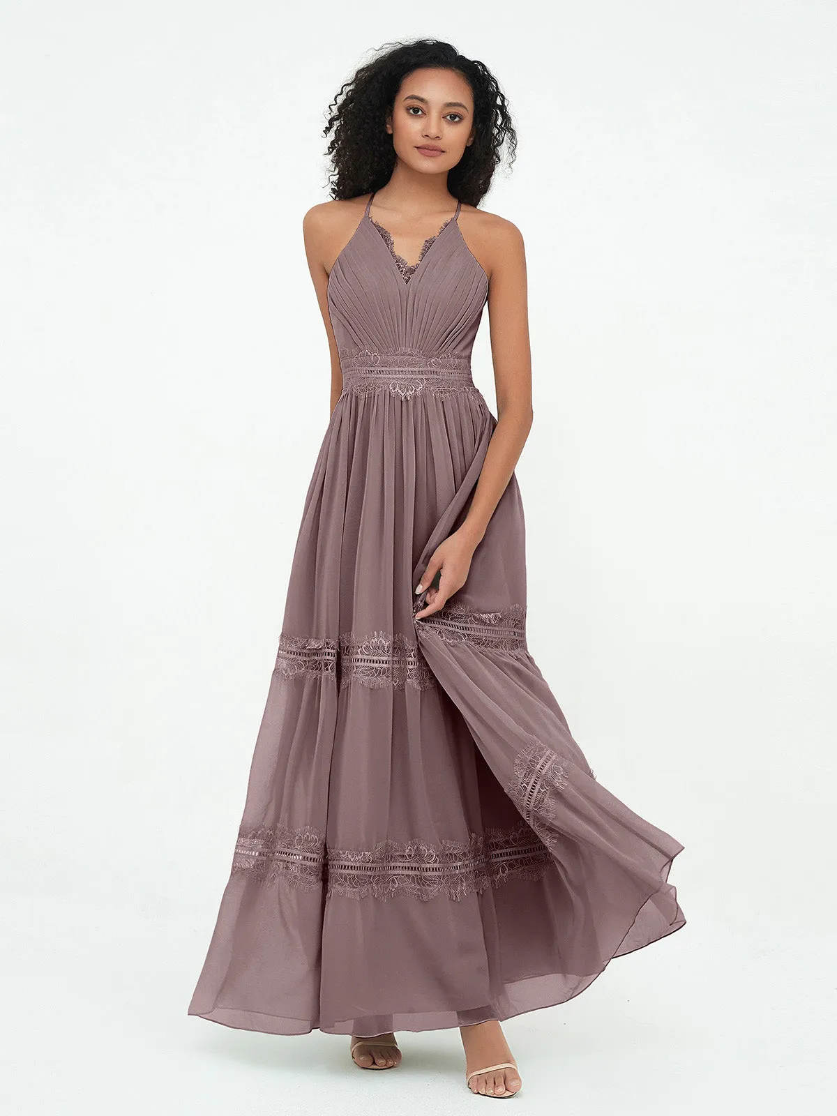 Lace and Chiffon Tiered Skirt Boho Dresses-Vintage Mauve Plus Size