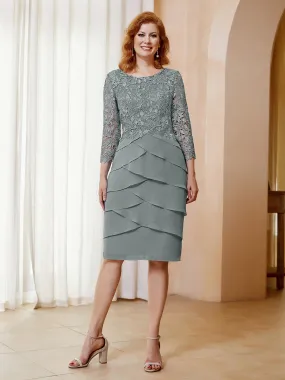 Lace Sheath Ruffles Long Sleeves Dress Steel Grey