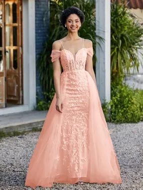 Lace Up Back Off Shoulder Tulle Gown Coral