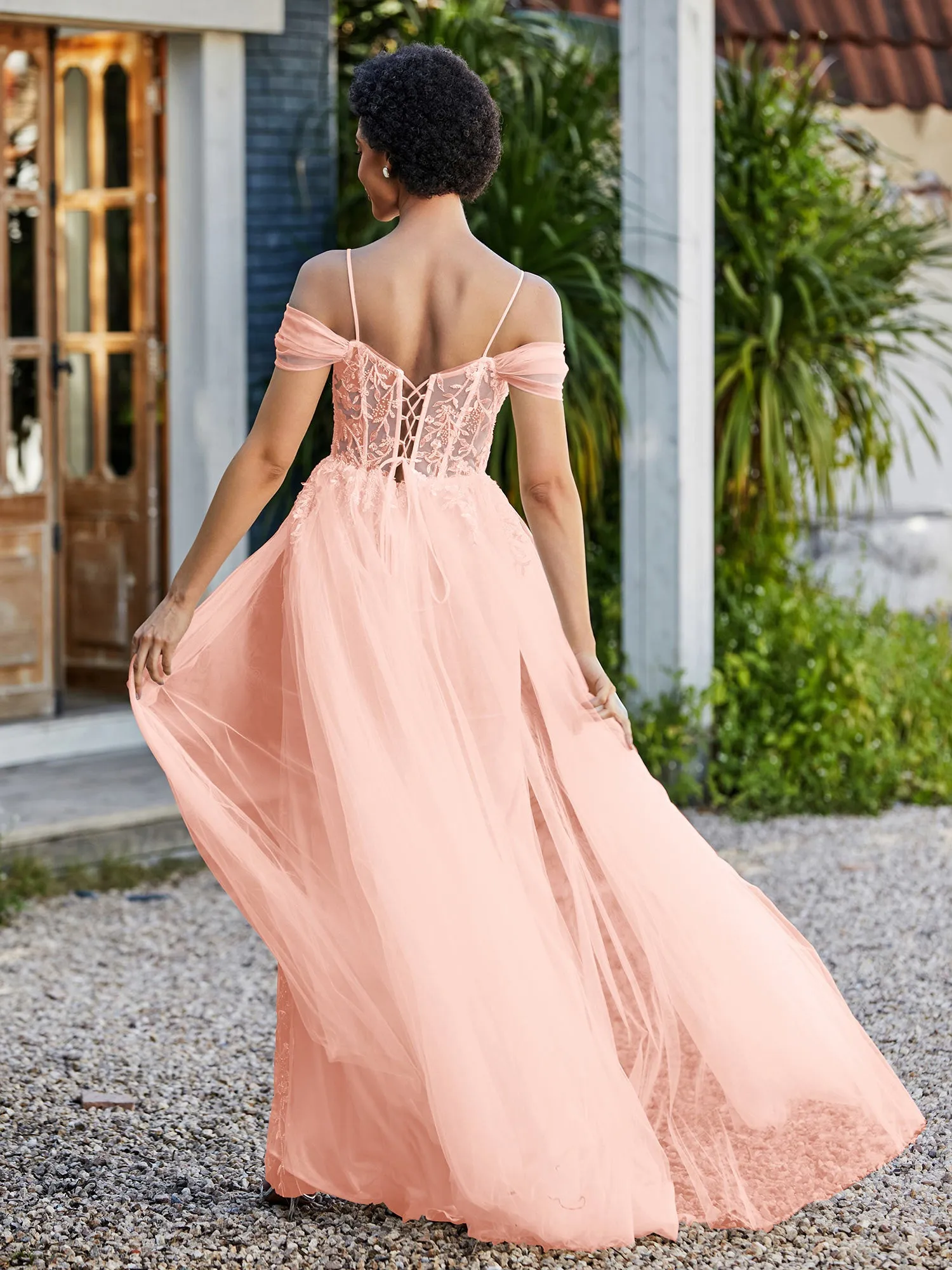 Lace Up Back Off Shoulder Tulle Gown Coral