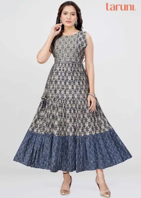 Light Mouse/Navy Blue Modal Printed Frock Style Kurti