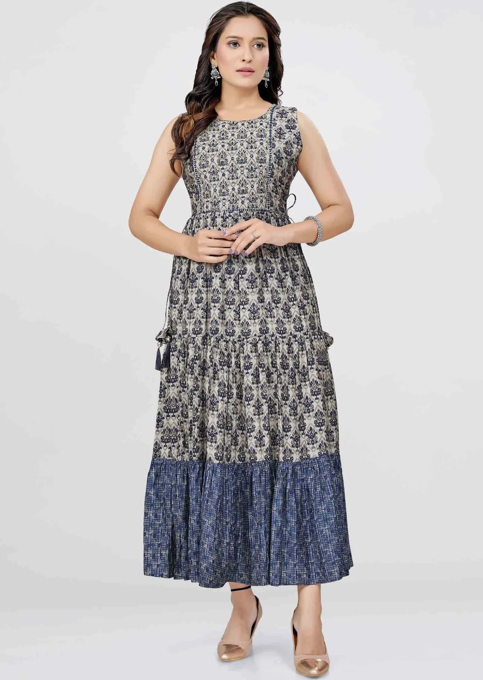 Light Mouse/Navy Blue Modal Printed Frock Style Kurti