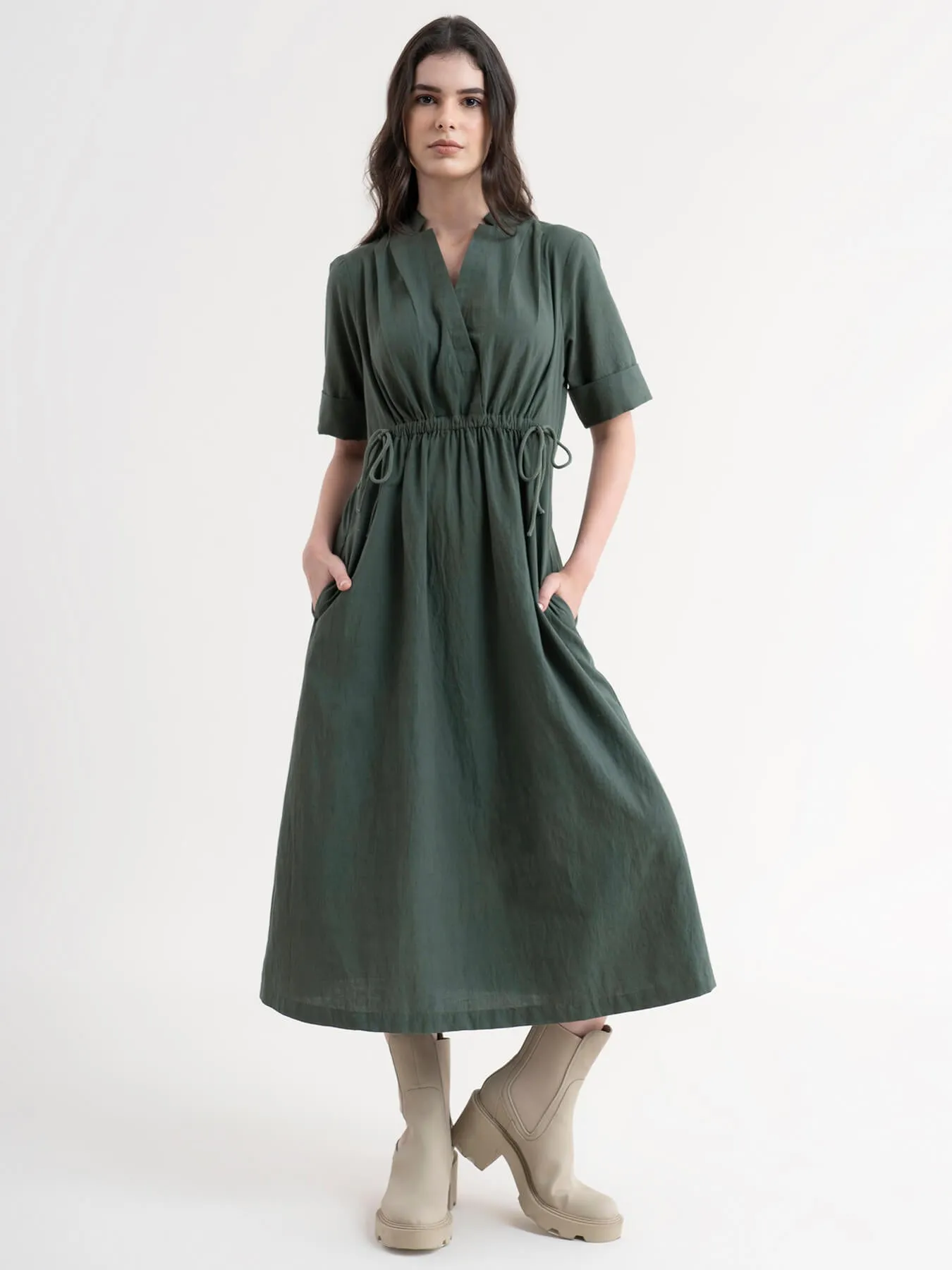 Linen Dress With Elasticated Waist - Olive