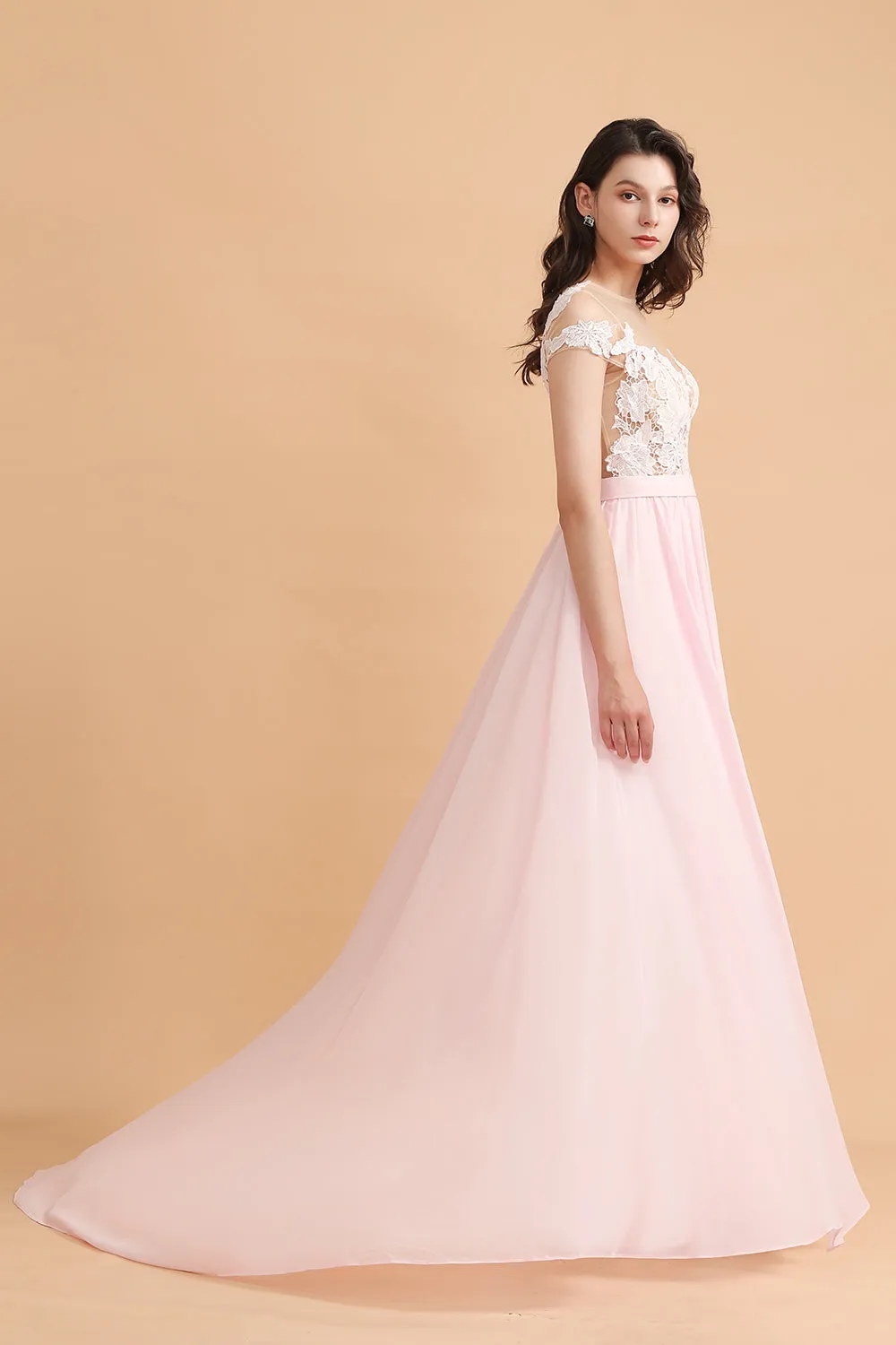Long A-Line Cap Sleeves Lace Appliques Chiffon Bridesmaid Dress With Slit