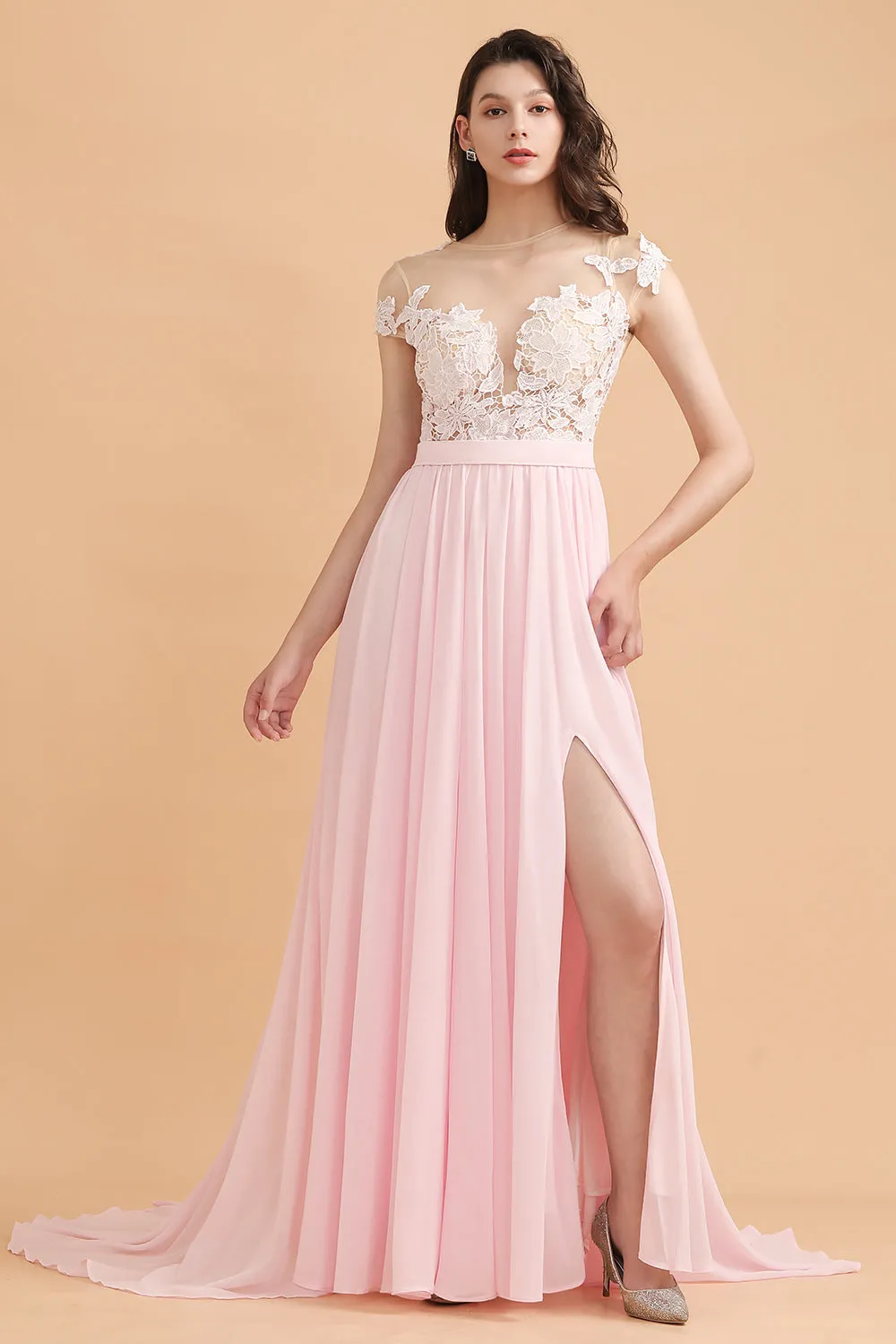 Long A-Line Cap Sleeves Lace Appliques Chiffon Bridesmaid Dress With Slit
