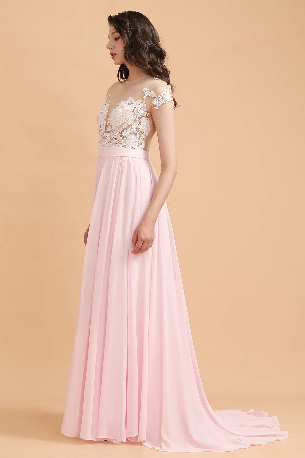 Long A-Line Cap Sleeves Lace Appliques Chiffon Bridesmaid Dress With Slit