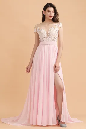 Long A-Line Cap Sleeves Lace Appliques Chiffon Bridesmaid Dress With Slit