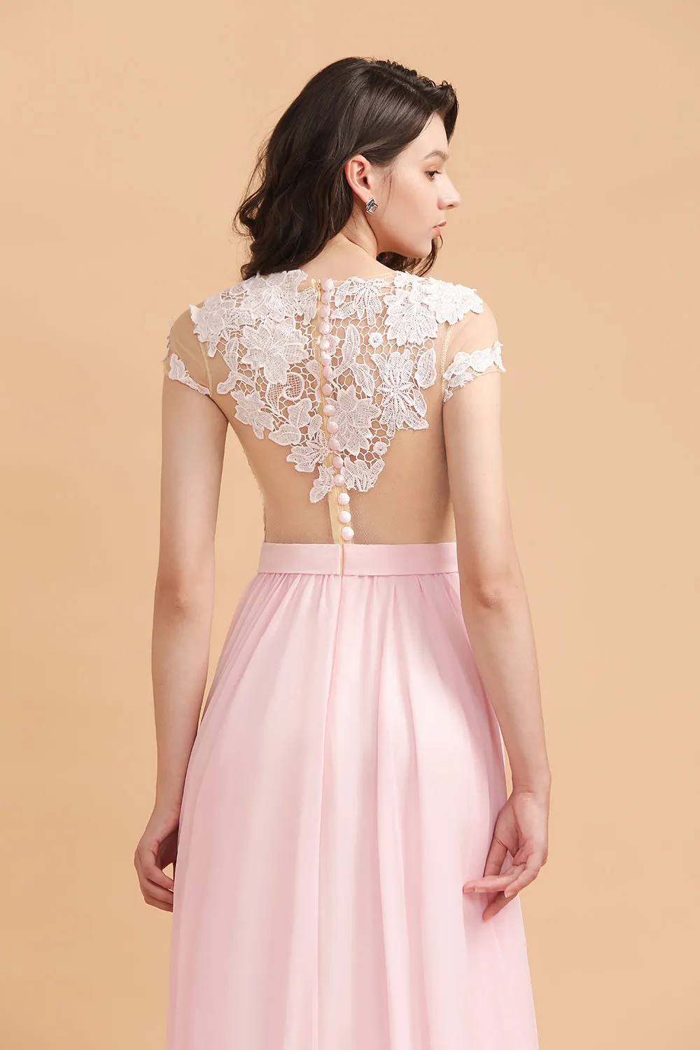 Long A-Line Cap Sleeves Lace Appliques Chiffon Bridesmaid Dress With Slit