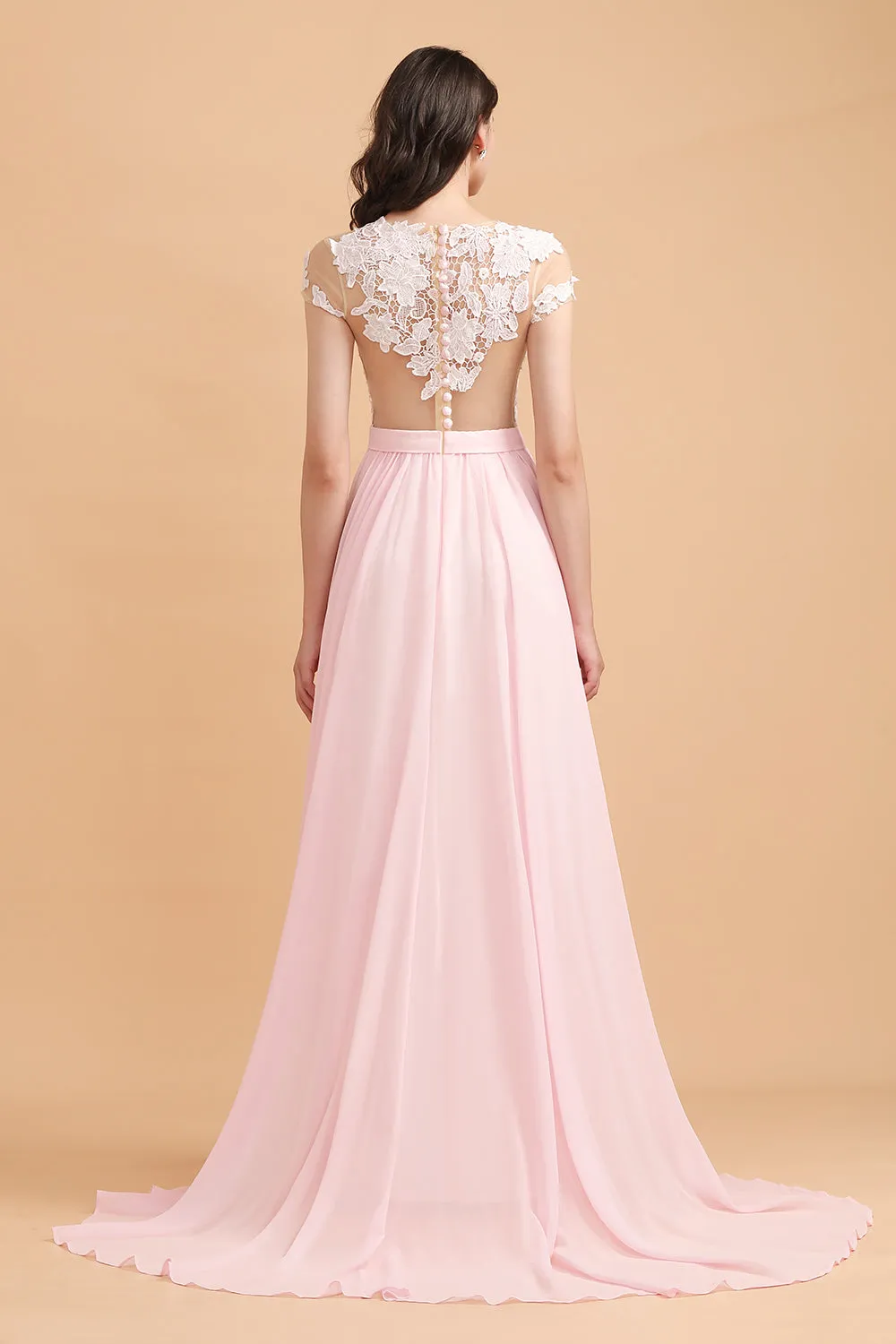 Long A-Line Cap Sleeves Lace Appliques Chiffon Bridesmaid Dress With Slit