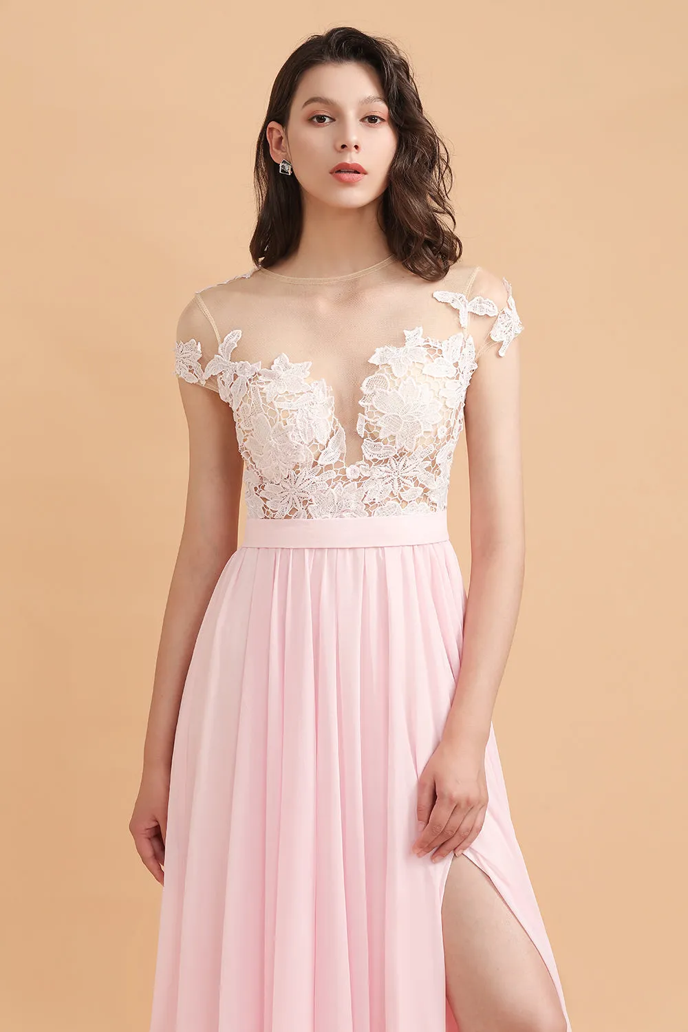 Long A-Line Cap Sleeves Lace Appliques Chiffon Bridesmaid Dress With Slit