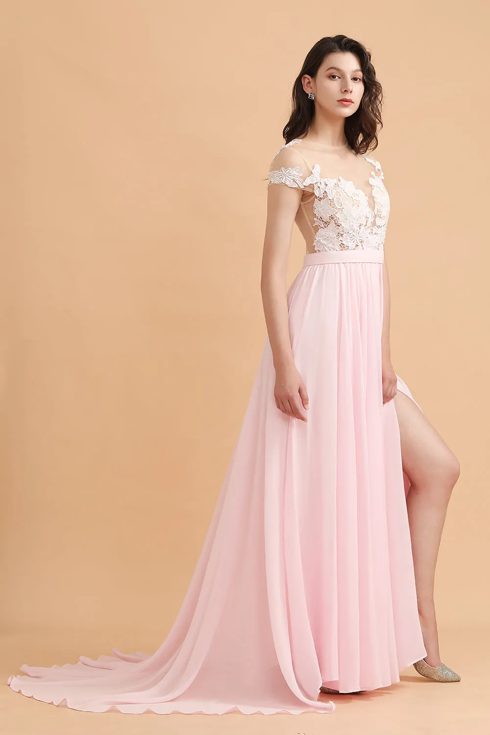 Long A-Line Cap Sleeves Lace Appliques Chiffon Bridesmaid Dress With Slit