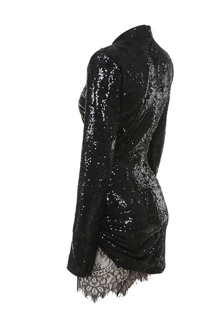 Long Sleeve Sequins Black Lace Mini Dress
