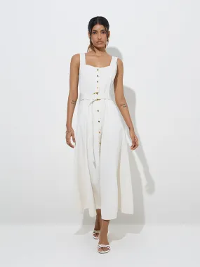 LOV White Solid A-Line Cotton Dress with Belt