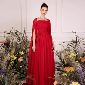 Luxury Elegant Red Chiffon Evening Dresses with Cape Sleeves