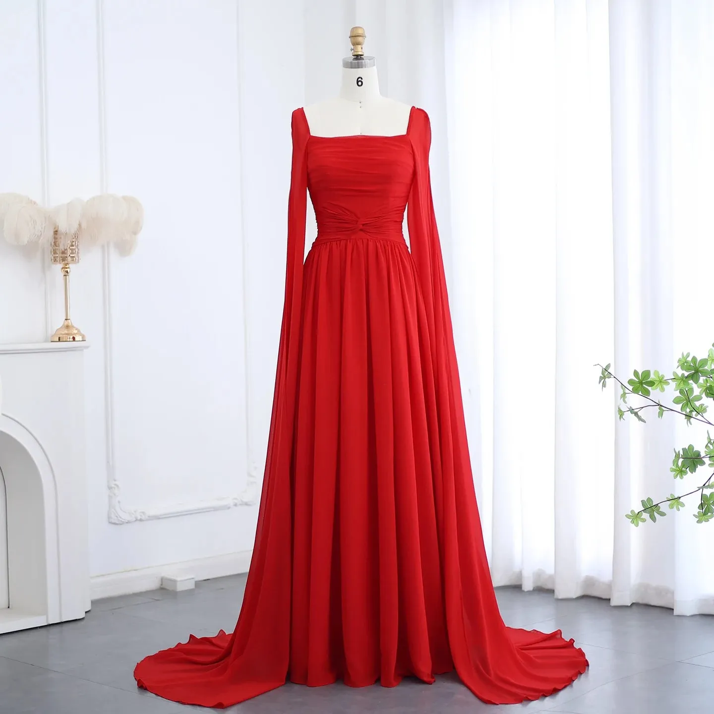 Luxury Elegant Red Chiffon Evening Dresses with Cape Sleeves