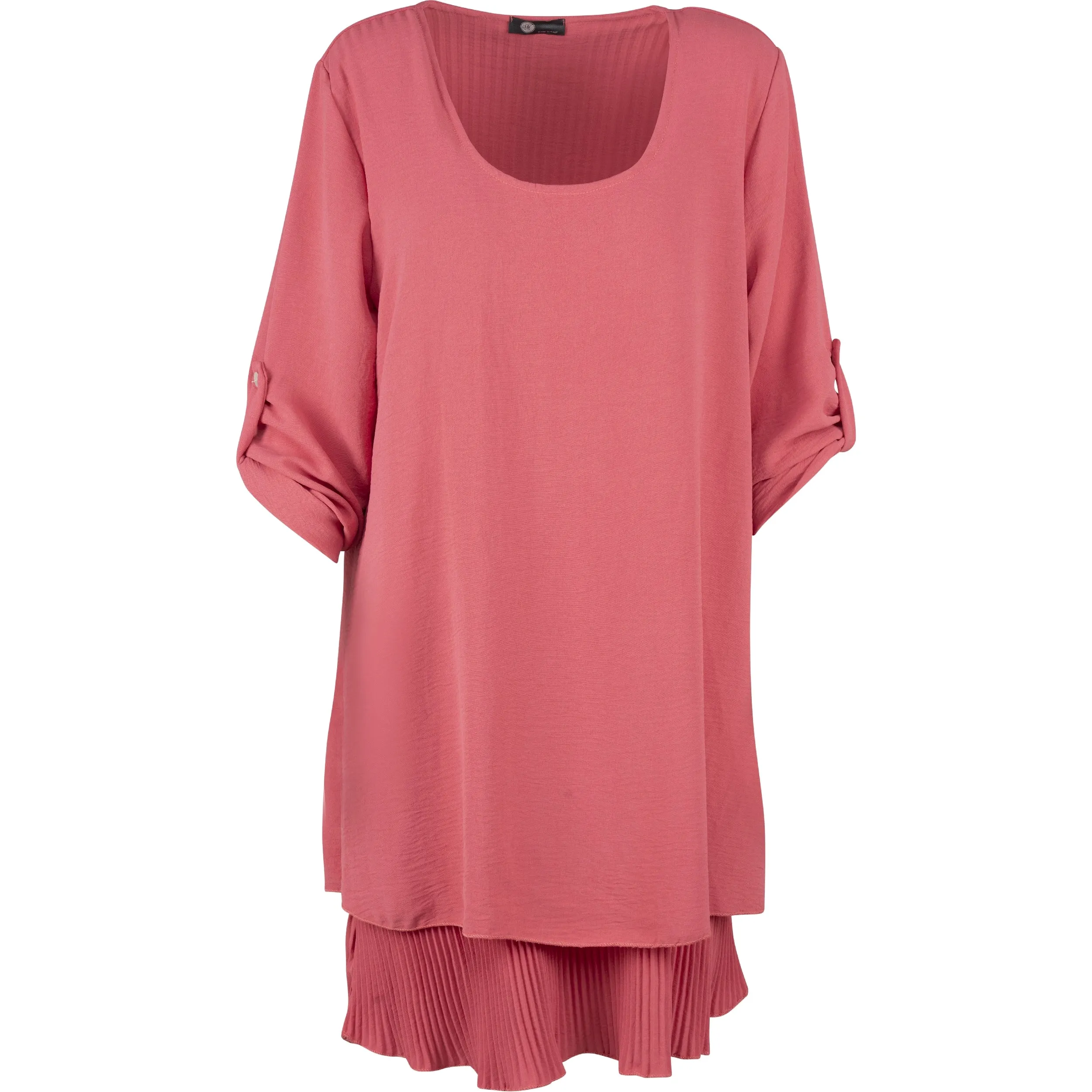 M Made in Italy – Scoop Neckline Woven Dress With Rollable Long Sleeves