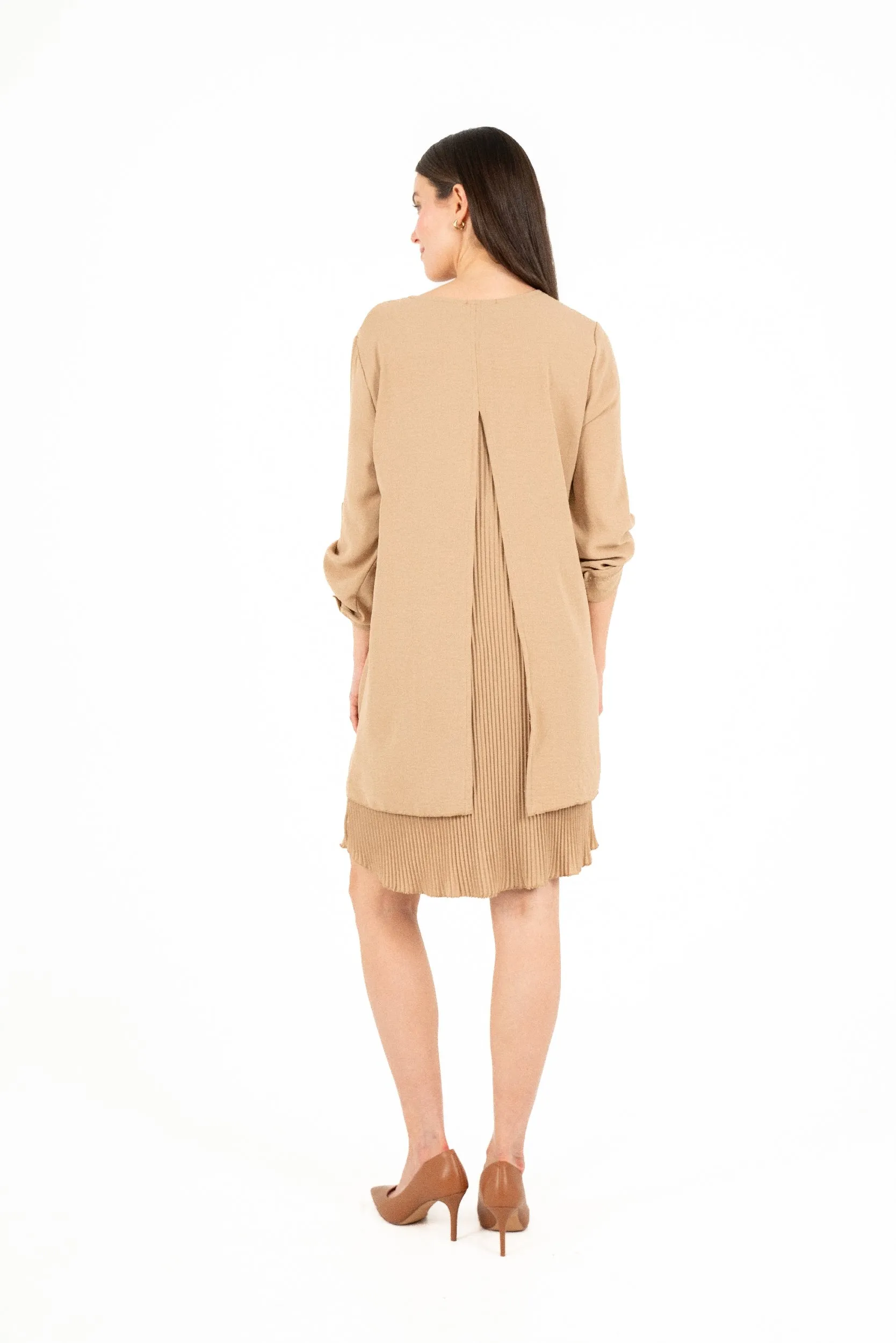 M Made in Italy – Scoop Neckline Woven Dress With Rollable Long Sleeves