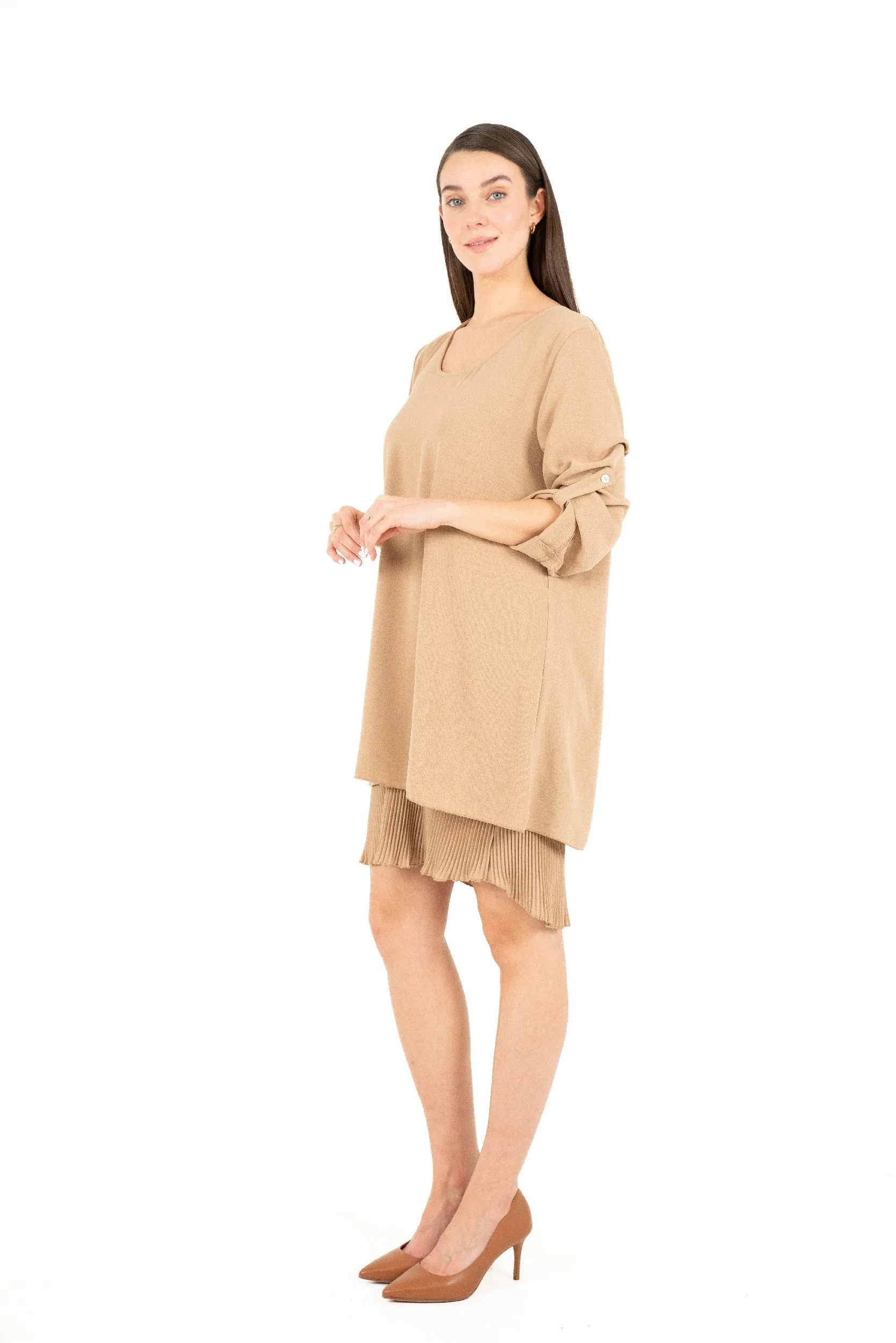 M Made in Italy – Scoop Neckline Woven Dress With Rollable Long Sleeves