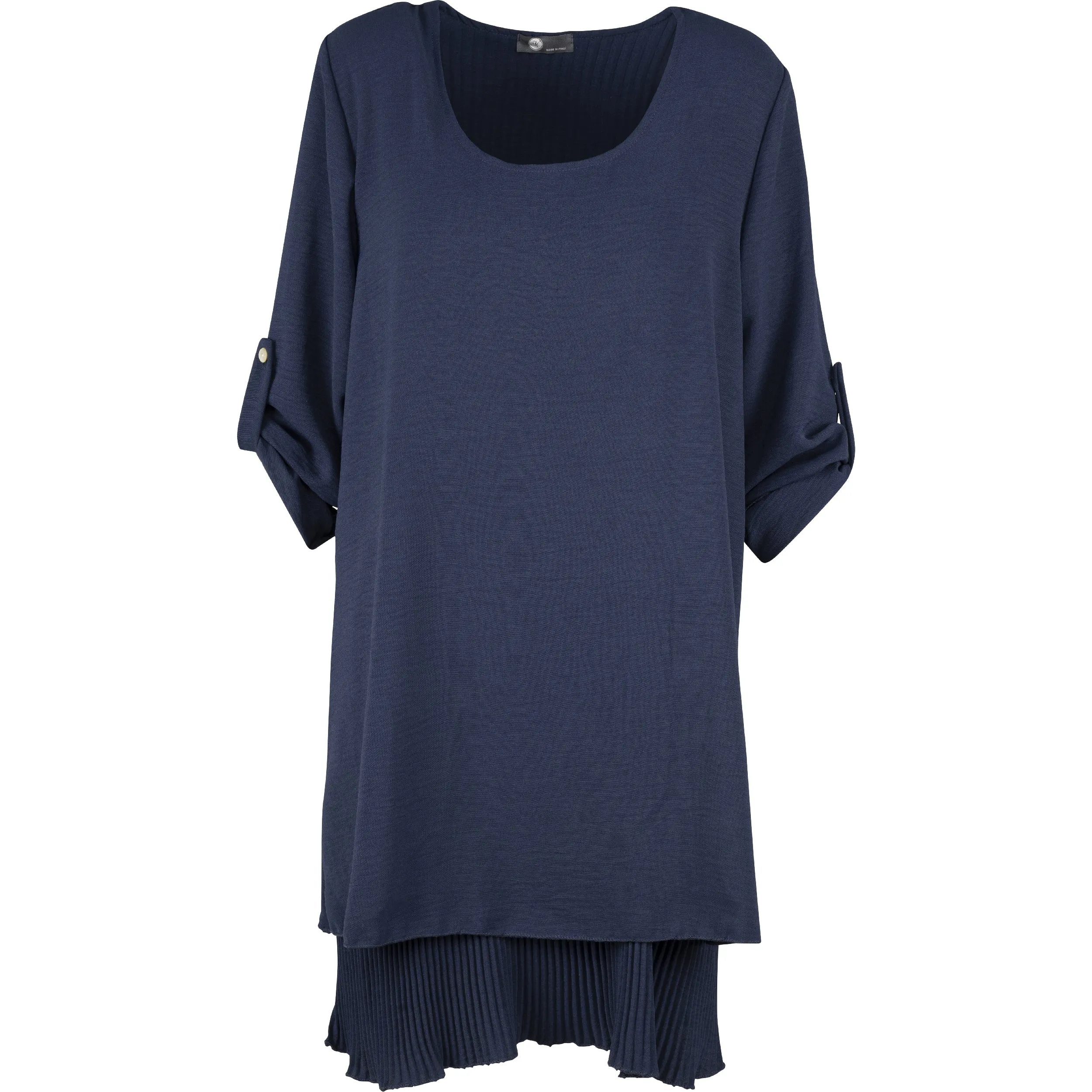 M Made in Italy – Scoop Neckline Woven Dress With Rollable Long Sleeves