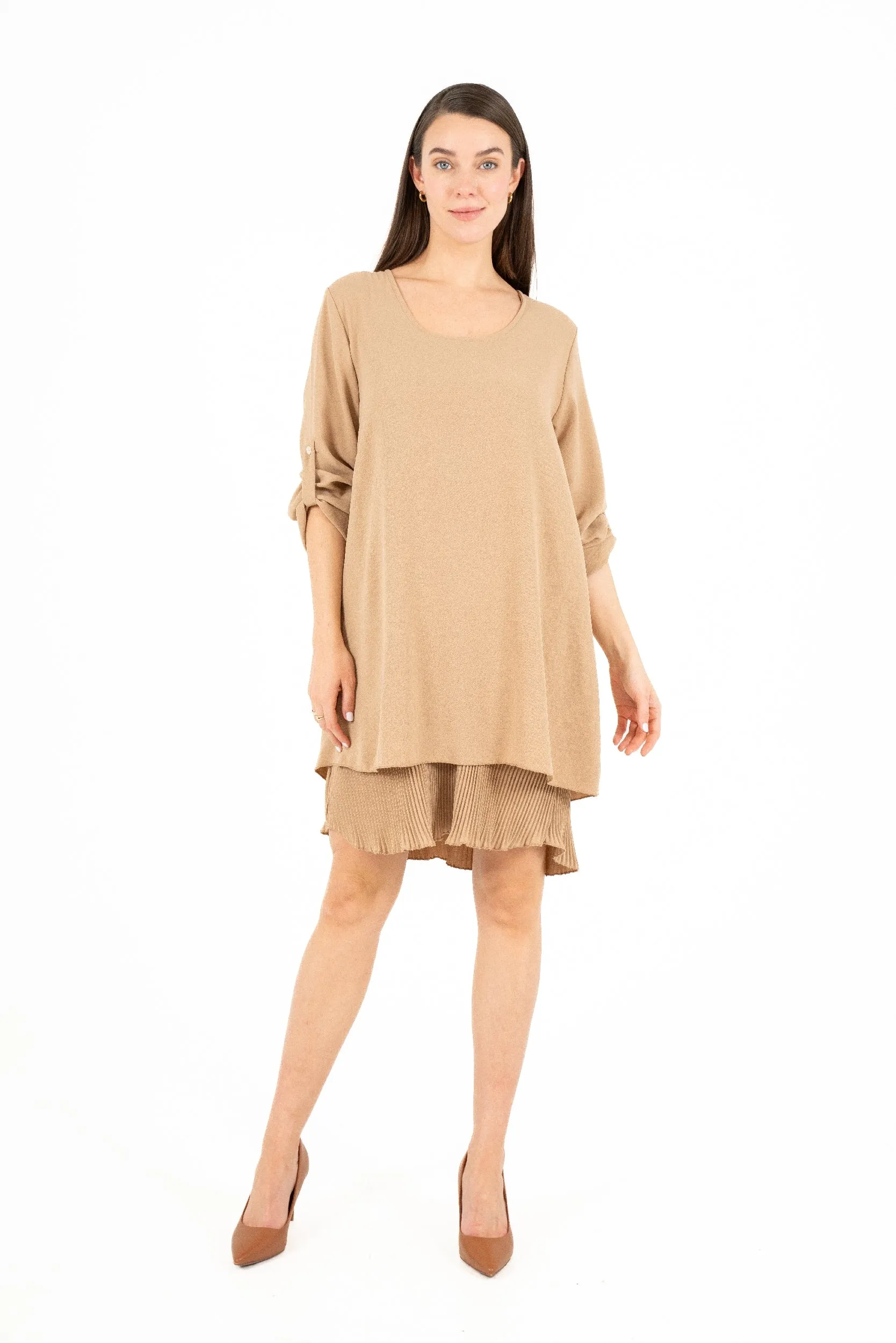 M Made in Italy – Scoop Neckline Woven Dress With Rollable Long Sleeves