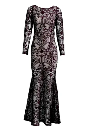Maroon Lace Long Evening Gown