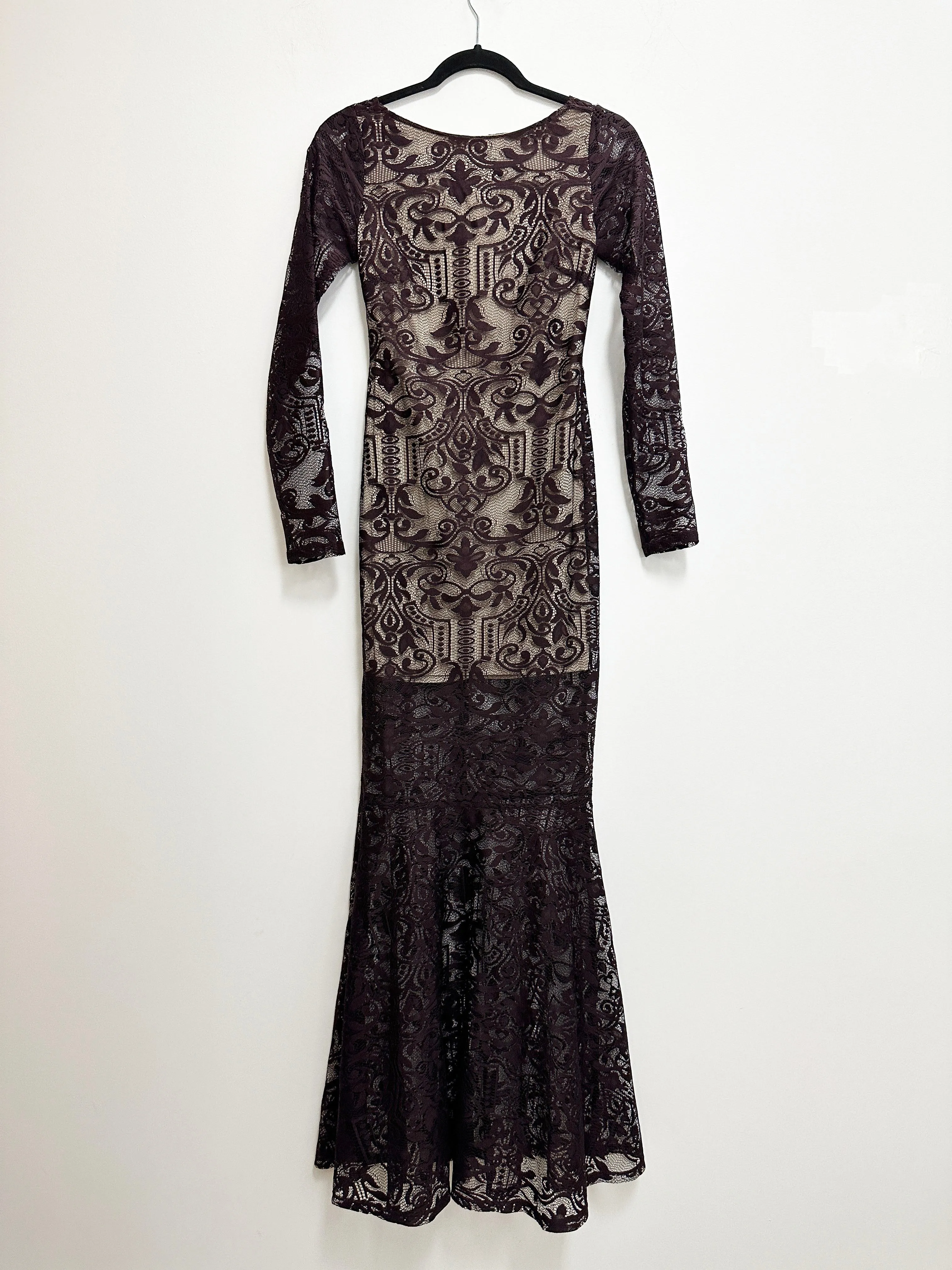 Maroon Lace Long Evening Gown