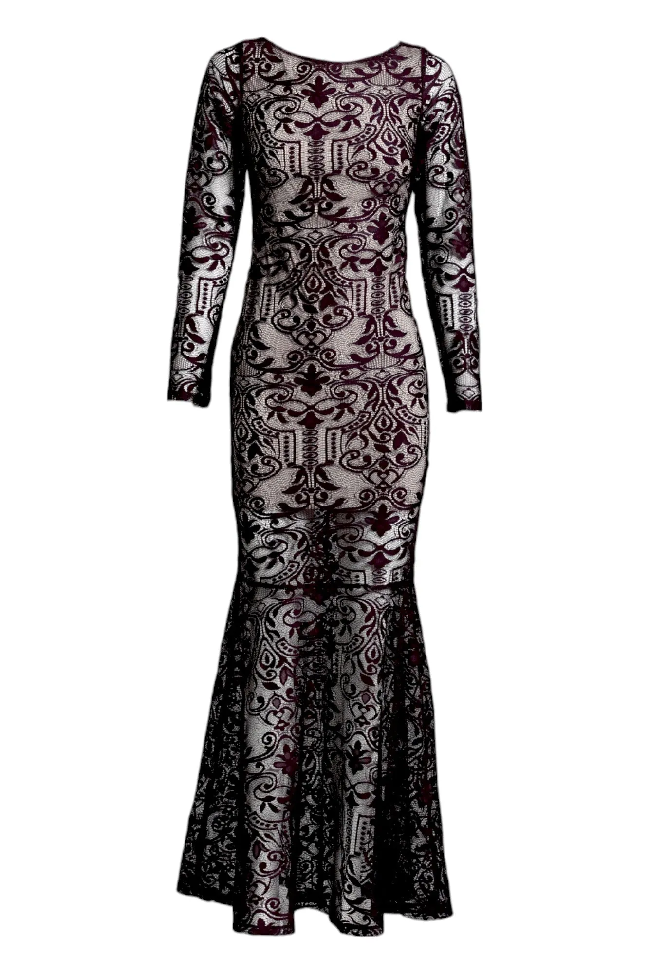 Maroon Lace Long Evening Gown