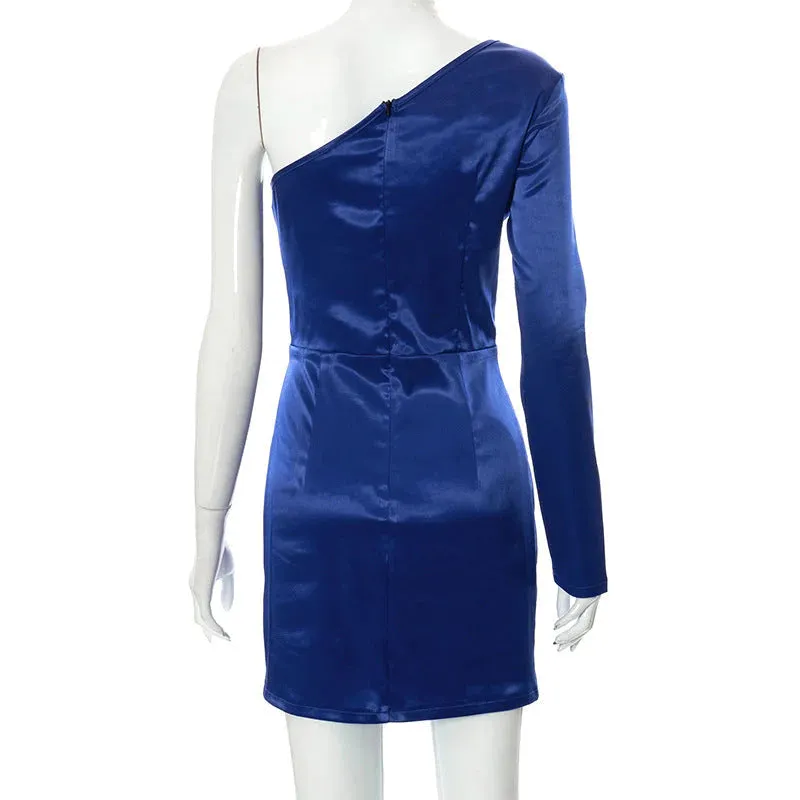 MB FASHION Asymmetrical Satin Mini Dress with One Sleeve and Slit 727T