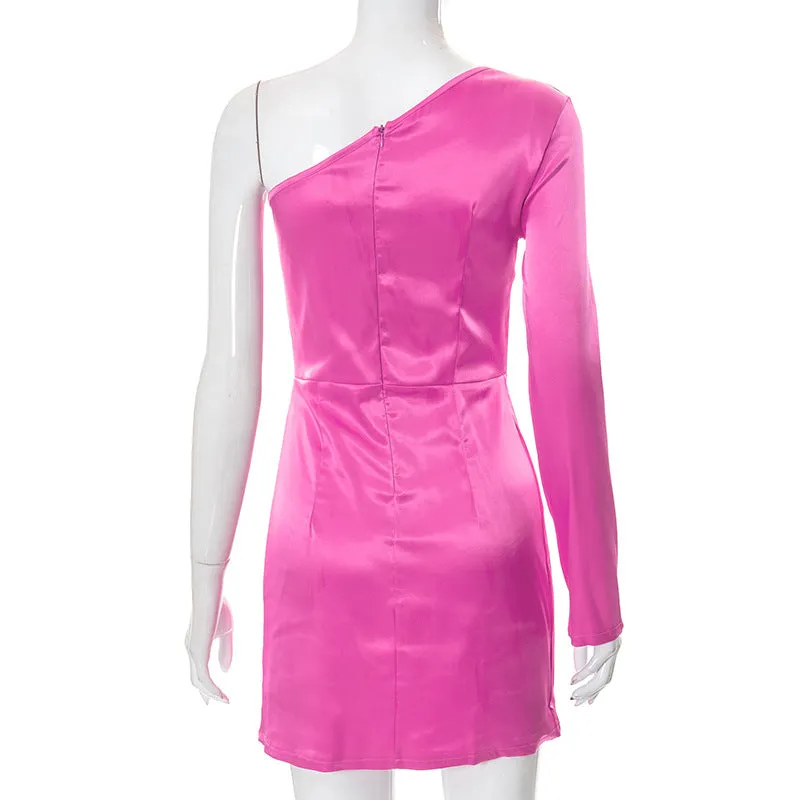 MB FASHION Asymmetrical Satin Mini Dress with One Sleeve and Slit 727T