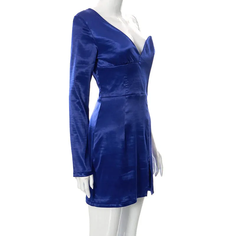 MB FASHION Asymmetrical Satin Mini Dress with One Sleeve and Slit 727T
