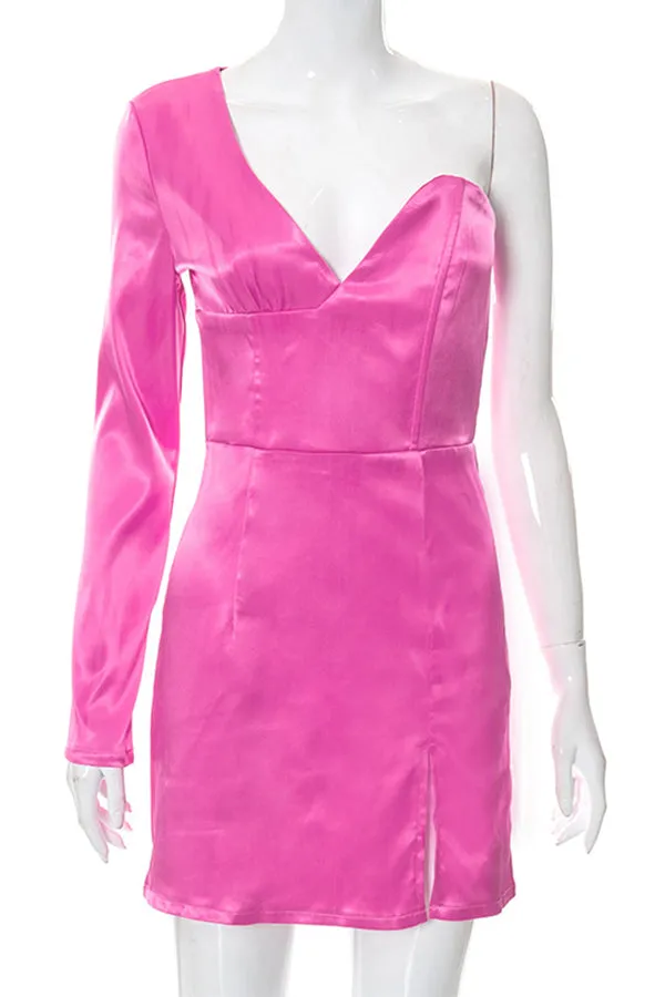 MB FASHION Asymmetrical Satin Mini Dress with One Sleeve and Slit 727T