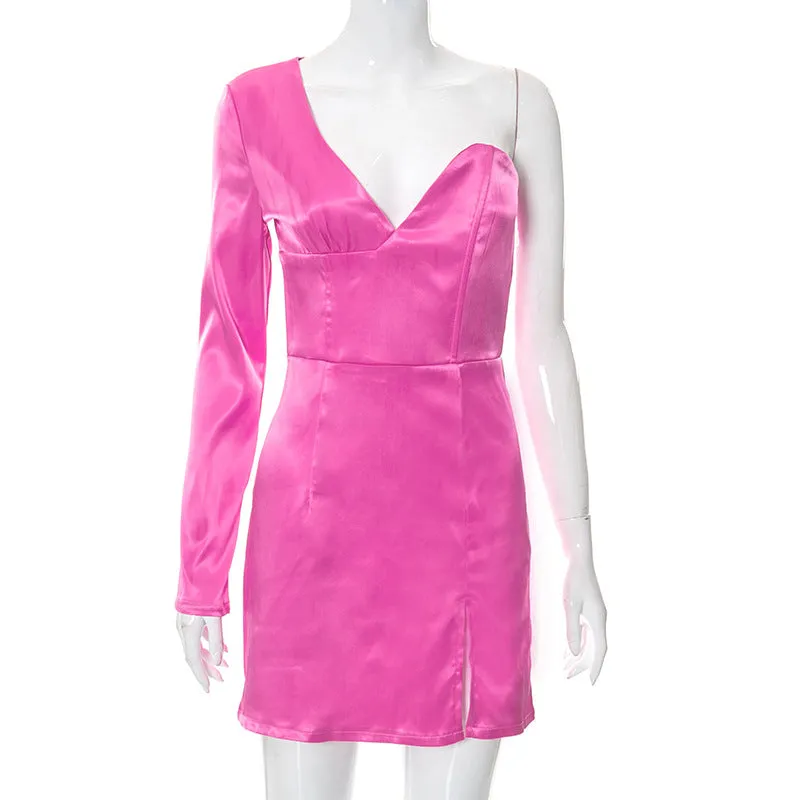 MB FASHION Asymmetrical Satin Mini Dress with One Sleeve and Slit 727T
