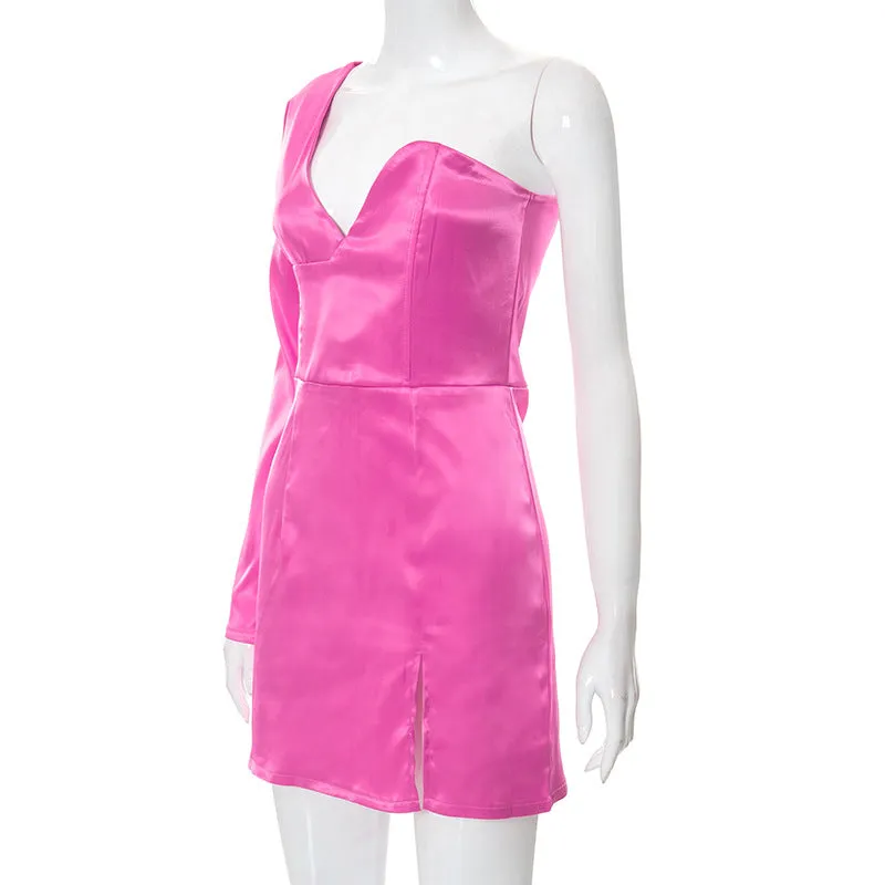 MB FASHION Asymmetrical Satin Mini Dress with One Sleeve and Slit 727T