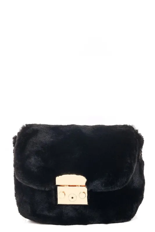 Metallic Lock Faux Fur Clutch Bag