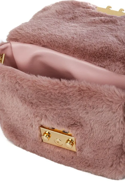 Metallic Lock Faux Fur Clutch Bag