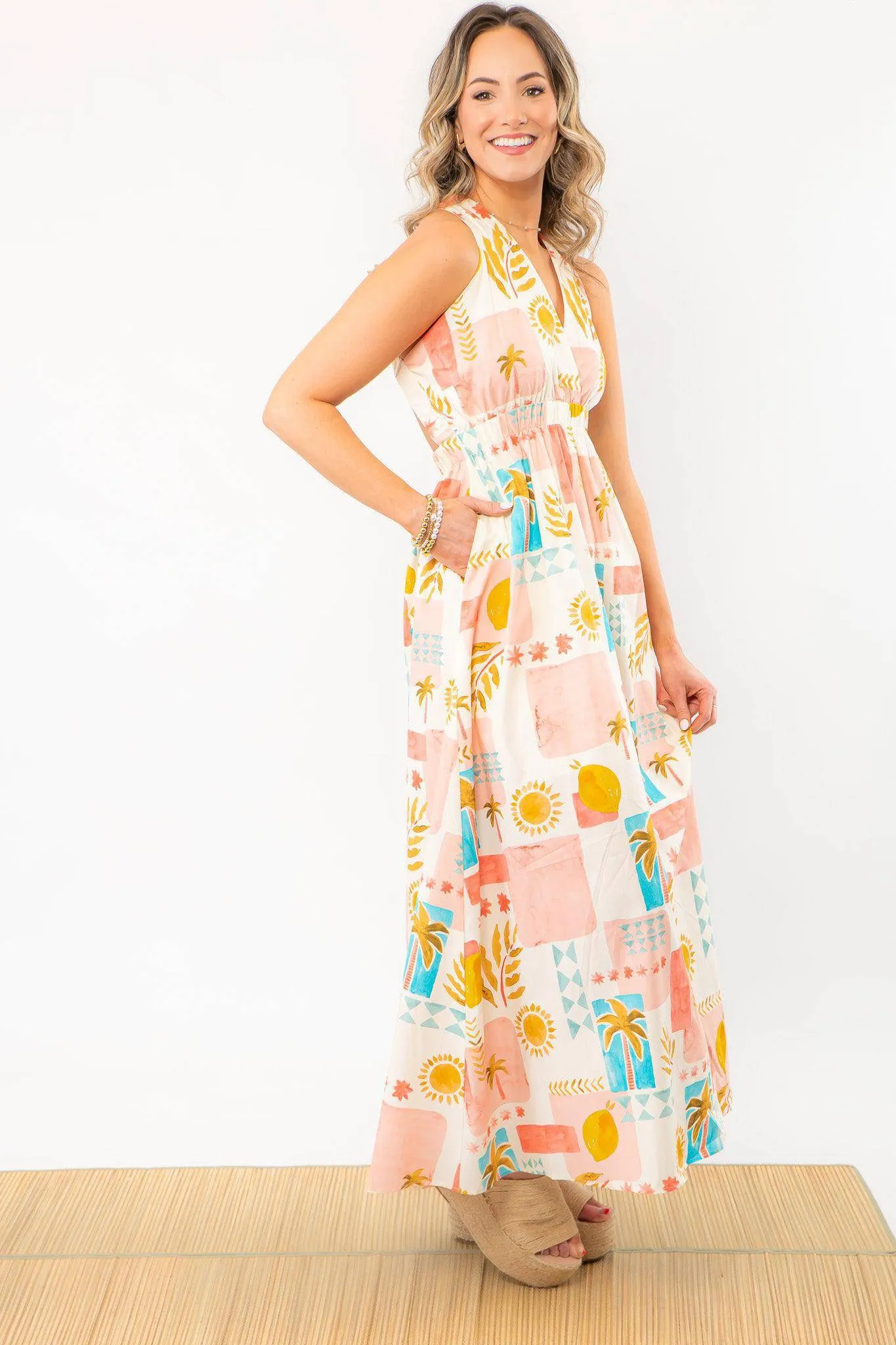 Moroccan Coast Tile Print V-Neck Maxi Dress