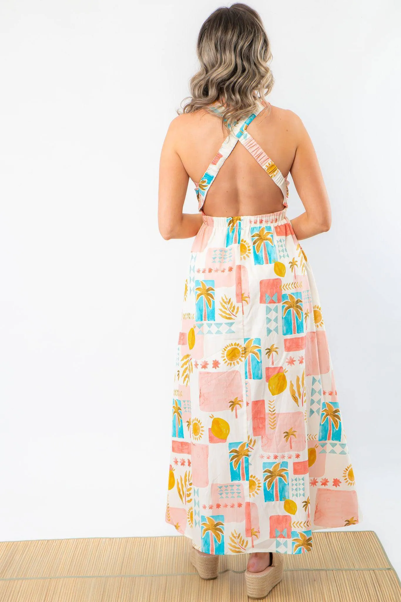 Moroccan Coast Tile Print V-Neck Maxi Dress