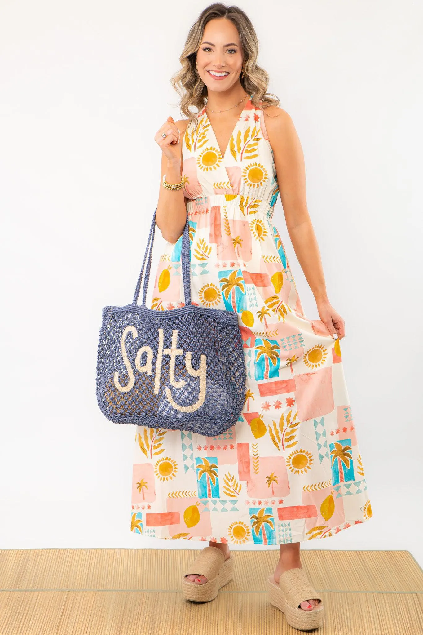 Moroccan Coast Tile Print V-Neck Maxi Dress
