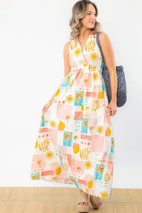 Moroccan Coast Tile Print V-Neck Maxi Dress