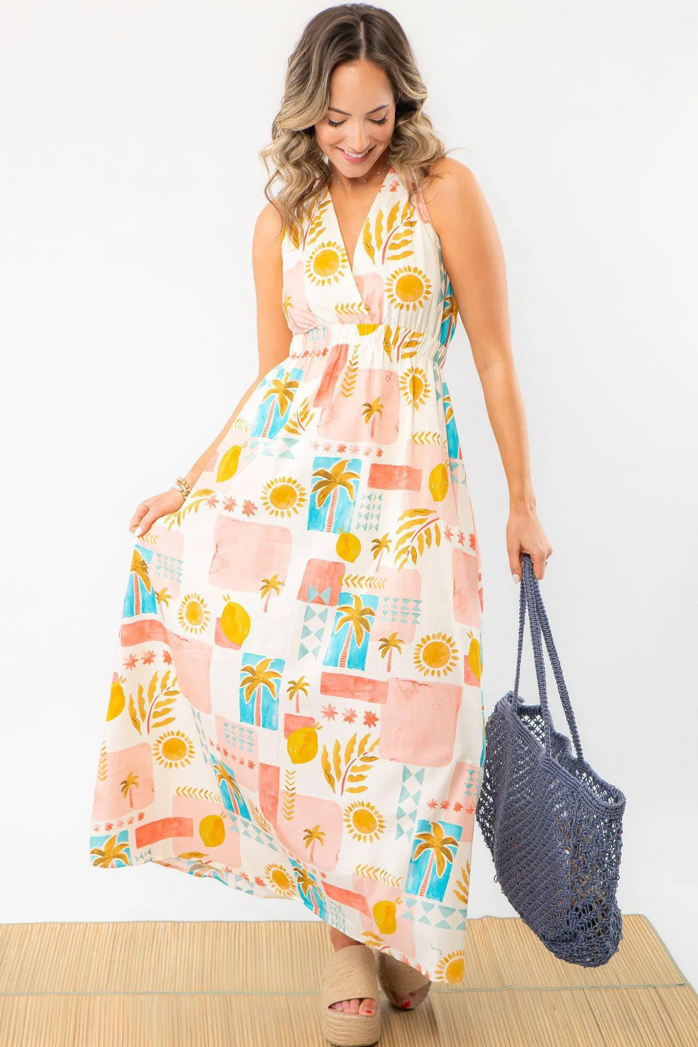 Moroccan Coast Tile Print V-Neck Maxi Dress