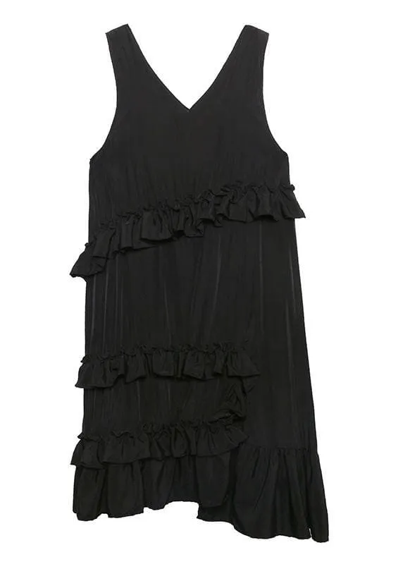 Natural black sleeveless cotton quilting dresses ruffles Art summer side open Dress