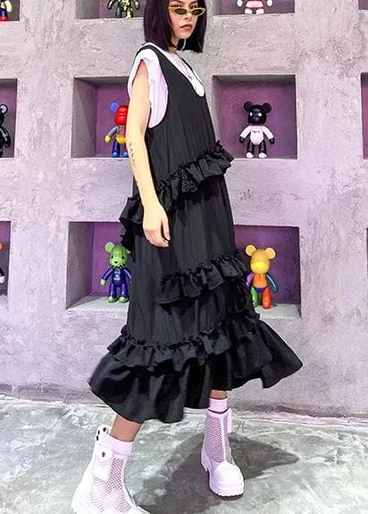 Natural black sleeveless cotton quilting dresses ruffles Art summer side open Dress