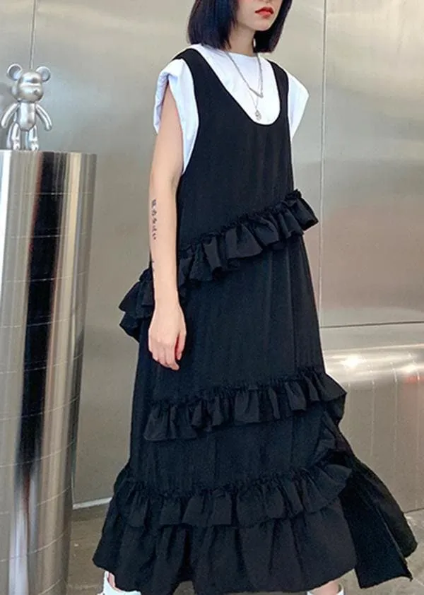 Natural black sleeveless cotton quilting dresses ruffles Art summer side open Dress