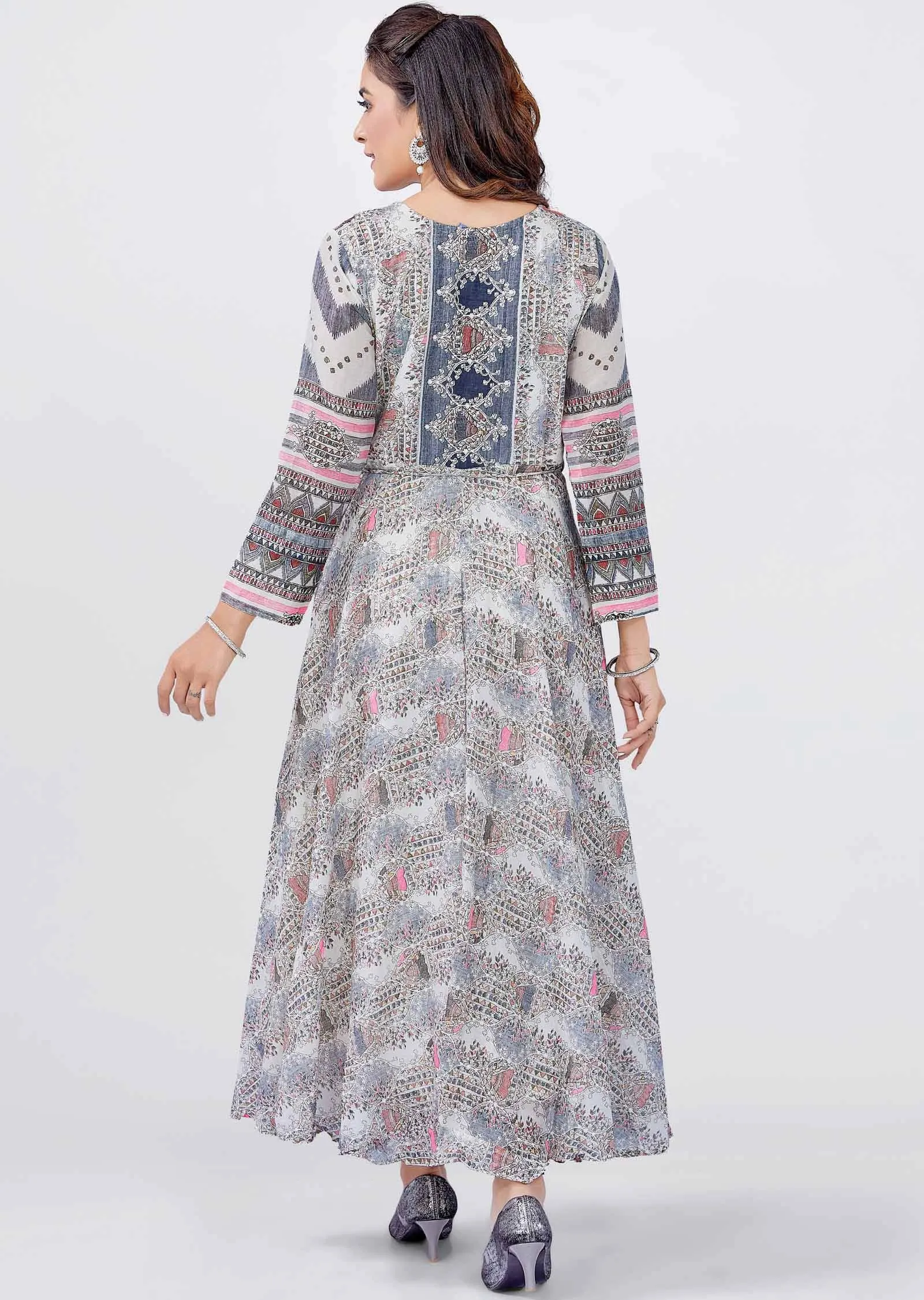 Off White Cotton Embroidered Kurti Full legth