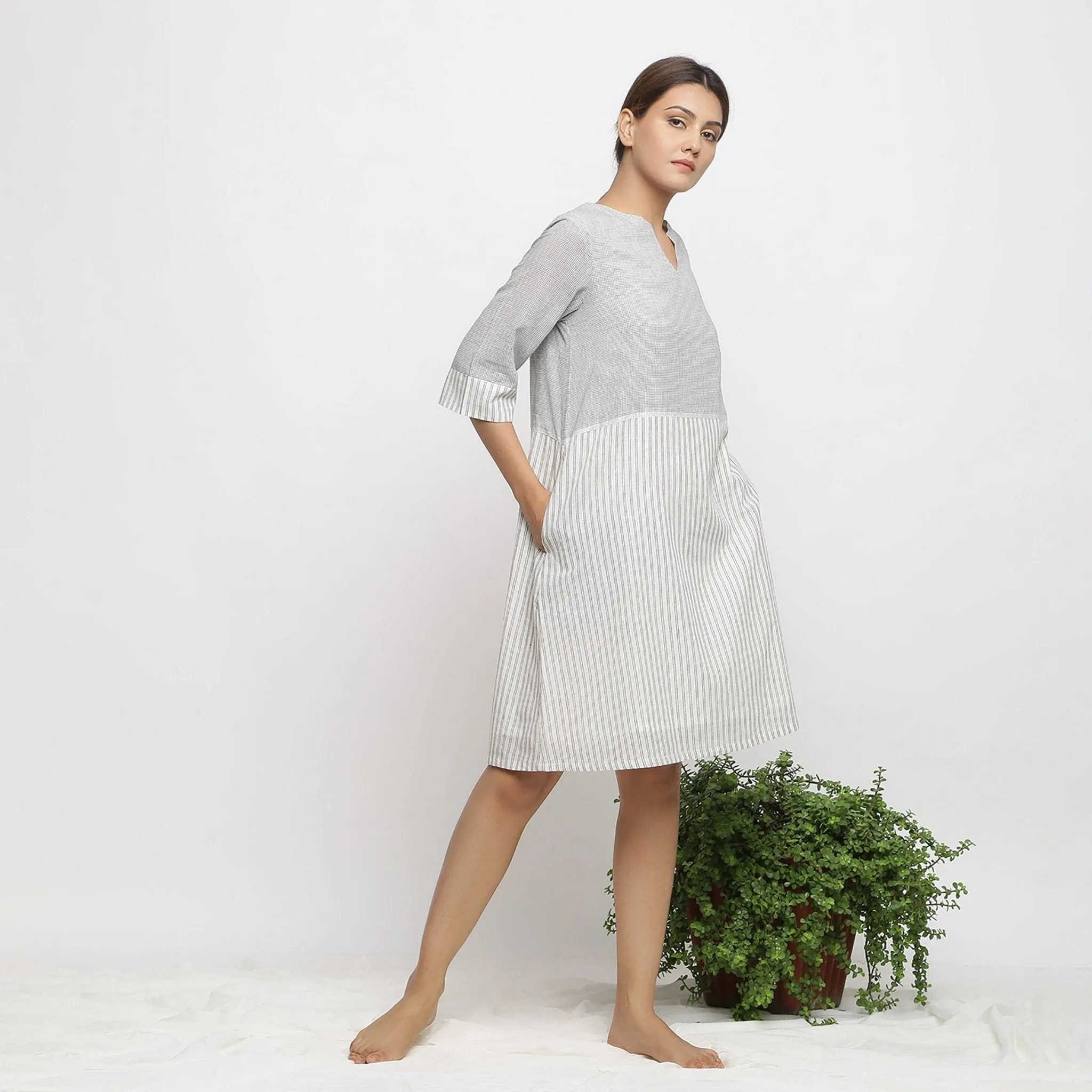 Off- White Handspun Cotton Knee Length Shift Dress
