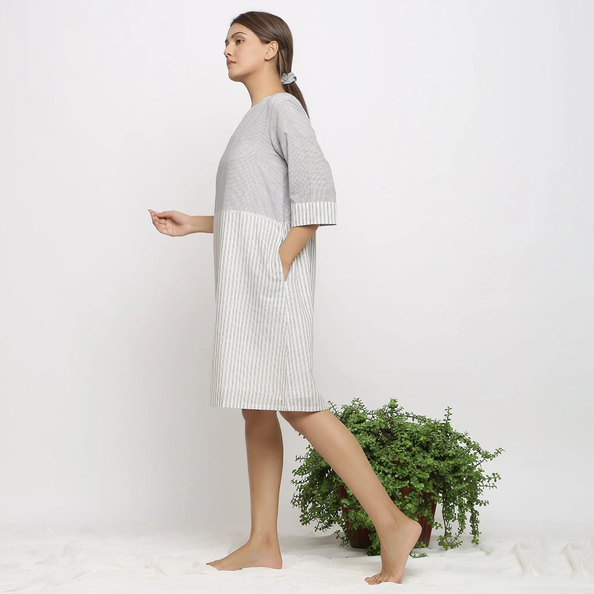 Off- White Handspun Cotton Knee Length Shift Dress