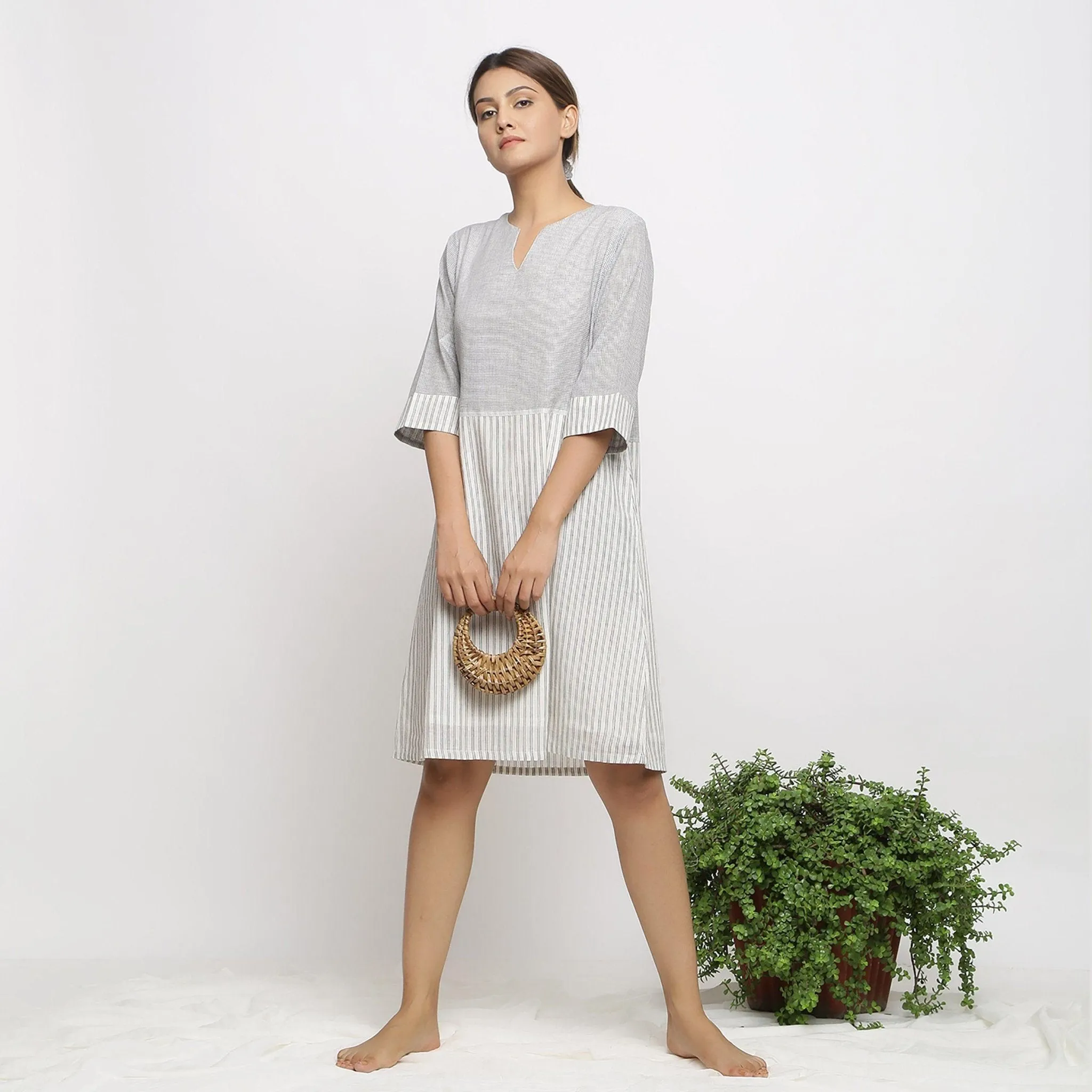 Off- White Handspun Cotton Knee Length Shift Dress