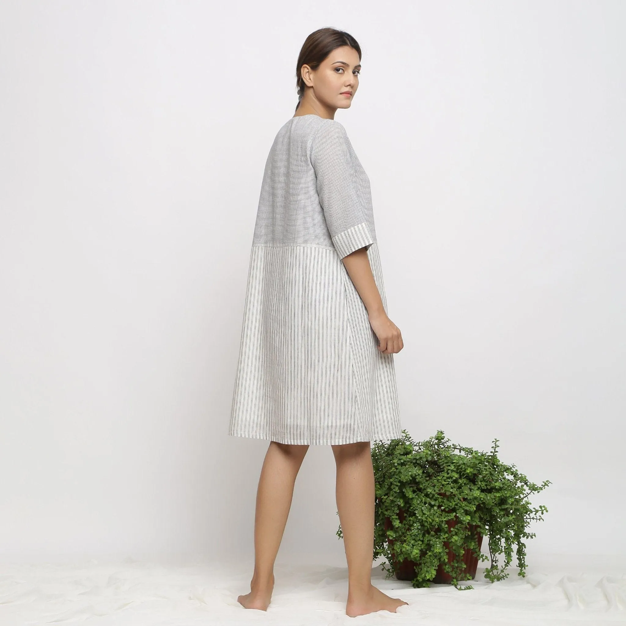 Off- White Handspun Cotton Knee Length Shift Dress